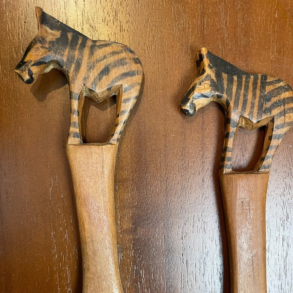 Wooden Salad Spoon and Fork Hand Carved and Painted Zebra Design‎ 11 Inches Long